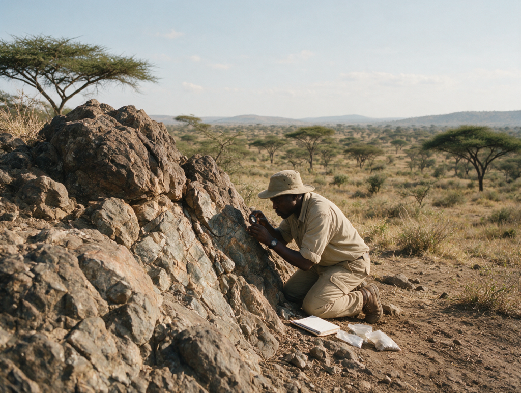 Geologist examining rock outcrop, De-risk the geology