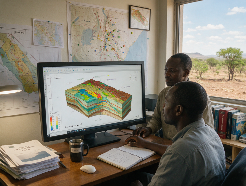 Geologist reviewing 3D block model, Define resources