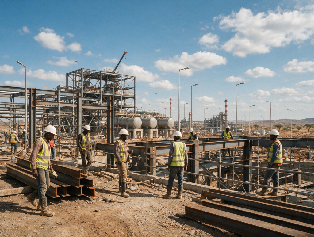 Construction crew at processing plant, Finance & build